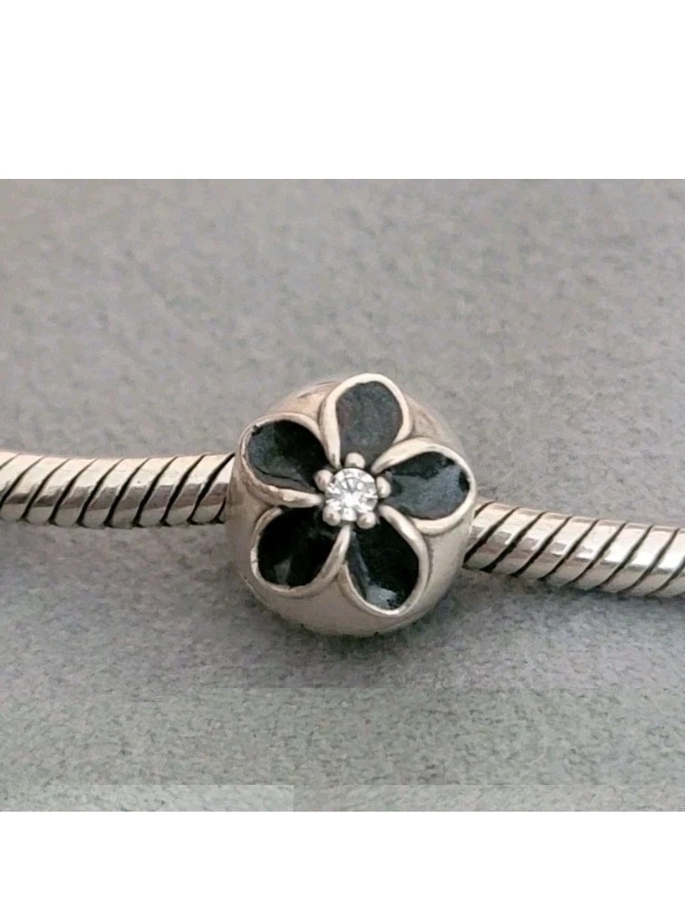 Pandora Clip Mystic Floral CZ With Black Enamel Charm
